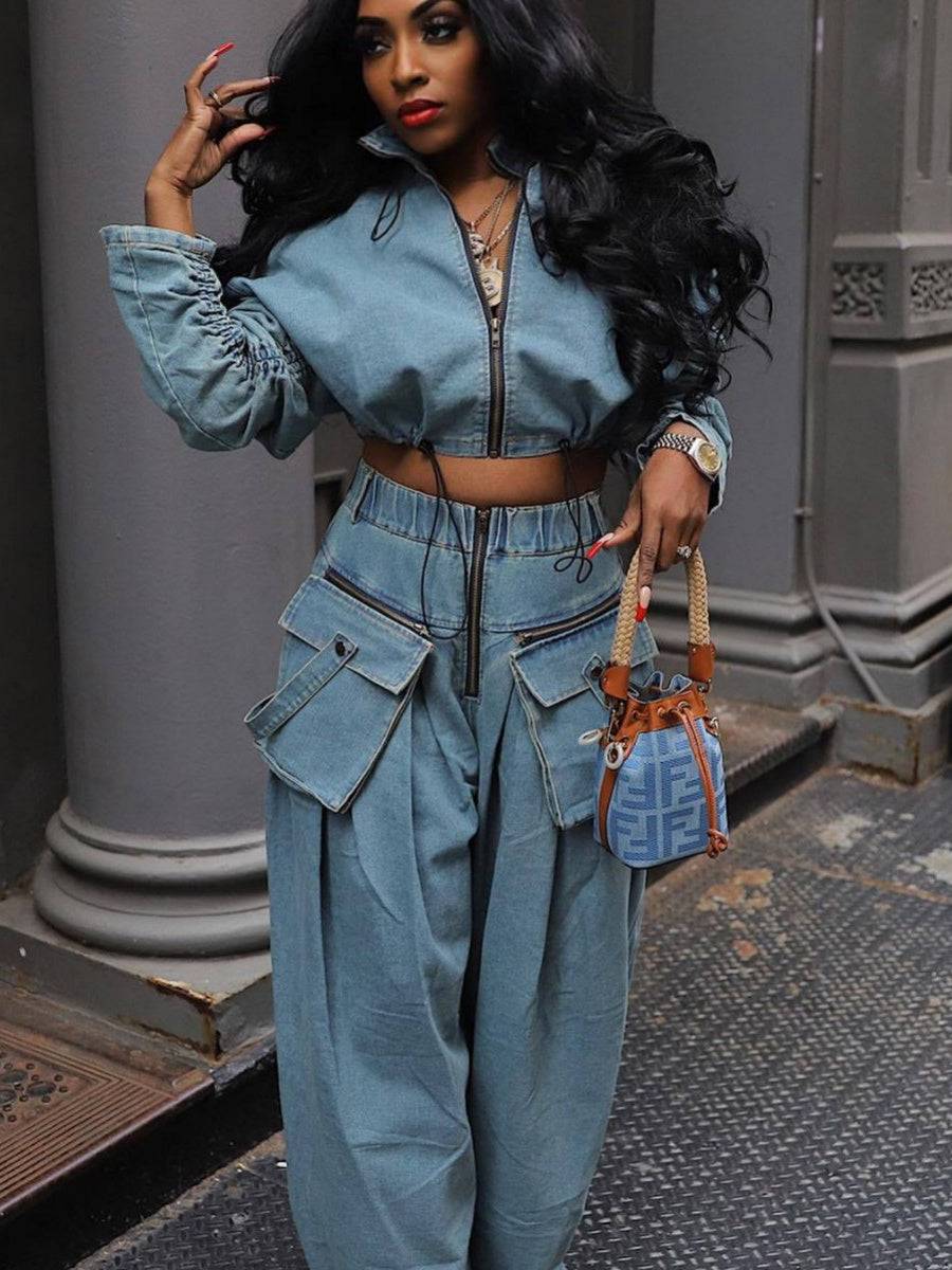 Two-piece retro zip-up jacket & wide leg jeans