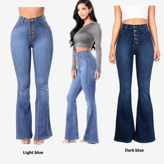 Slim fit denim trousers with high waist and flared legs.