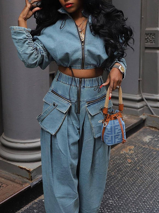 Two-piece retro zip-up jacket &amp; wide leg jeans